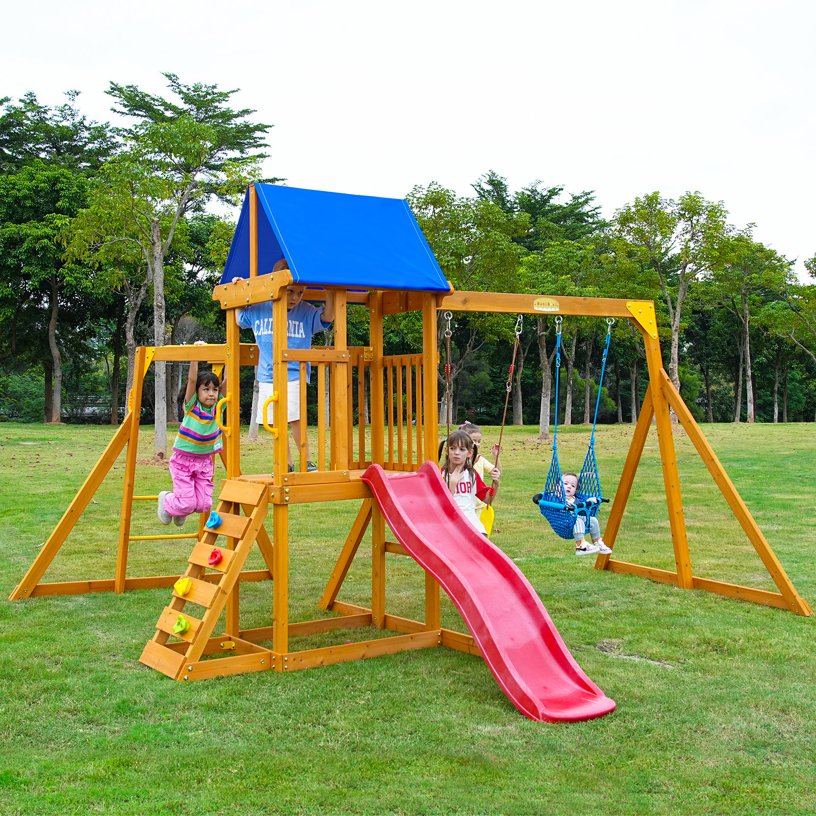 SuniBoxi Backyard Swing Set: Slide, Wall, Sandbox, Monkey Bar, Etc